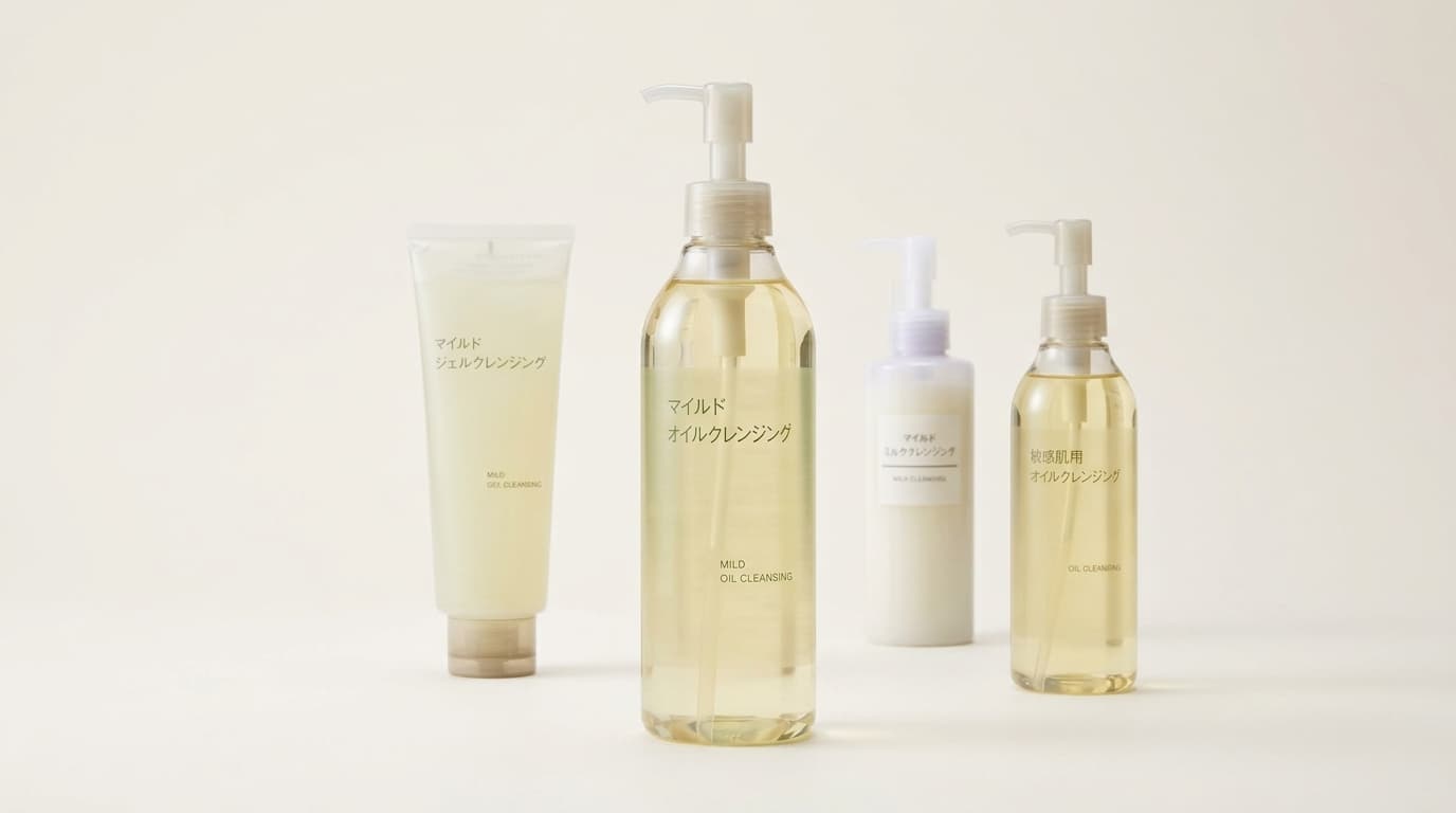 無印良品のクレンジング1本を主役に、他の種類を添えて比較感を出した画像