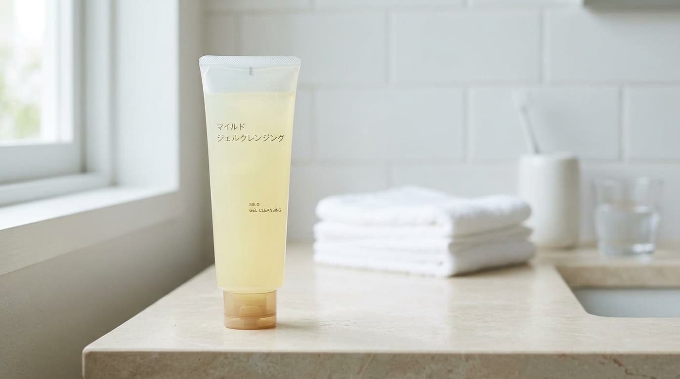 無印良品のクレンジングジェルを洗面台風の清潔な背景で見せたアイキャッチ