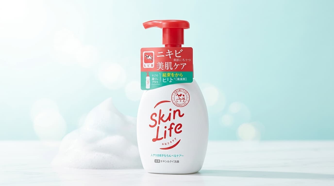 スキンライフ薬用泡のふんわり洗顔を清潔感のある背景でやや斜めに配置したシンプルな商品アイキャッチ画像