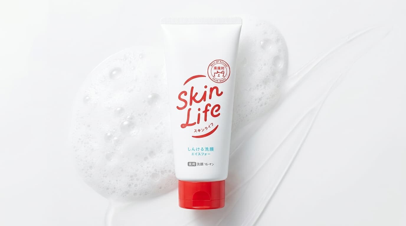 スキンライフ薬用洗顔フォームを白基調の背景と泡感のある雰囲気で見せた比較記事向けアイキャッチ画像