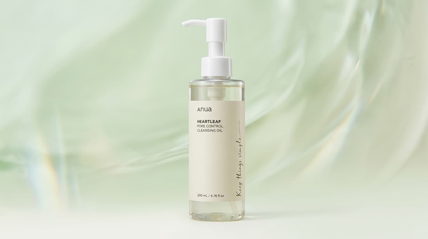 アヌアのクレンジングオイルを主役にした清潔感のある商品イメージ