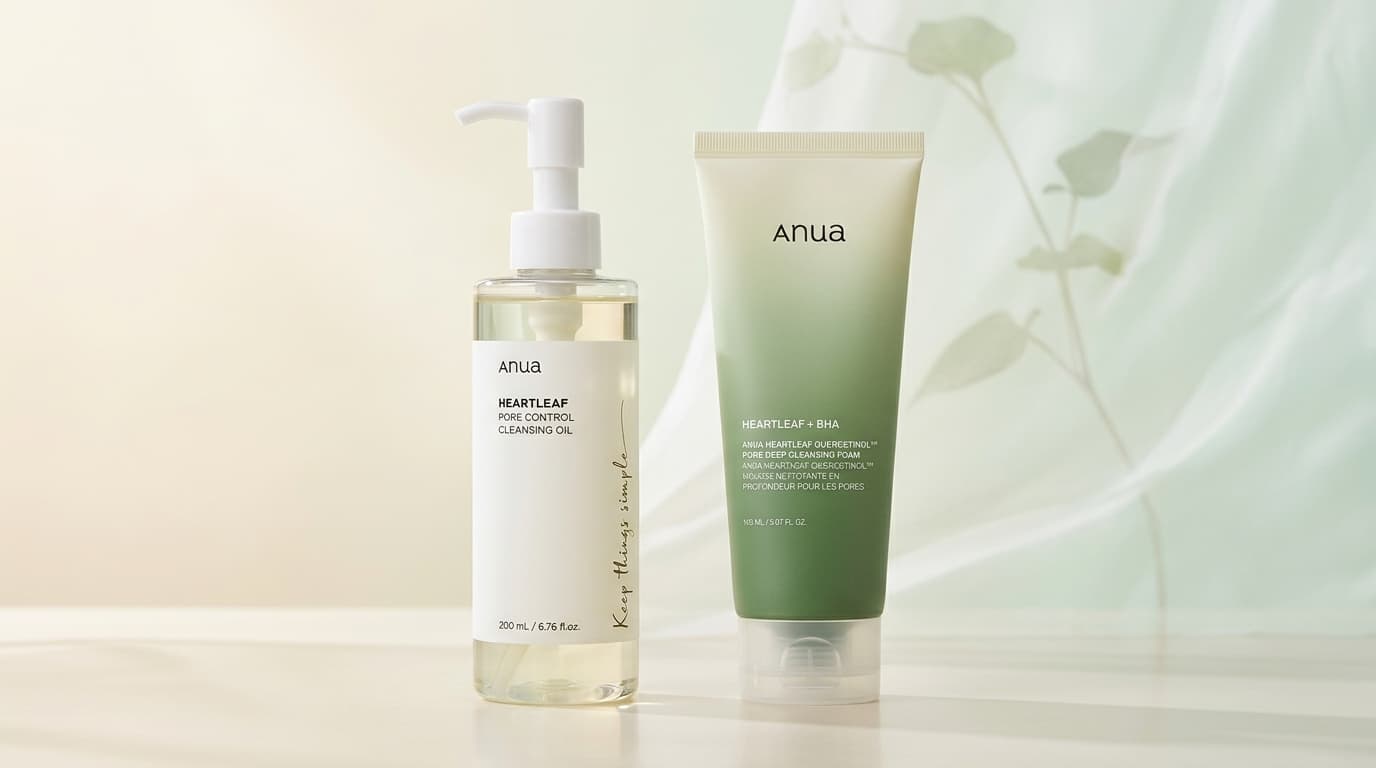 アヌアのクレンジングオイルと洗顔の使い分けをイメージしたビジュアル