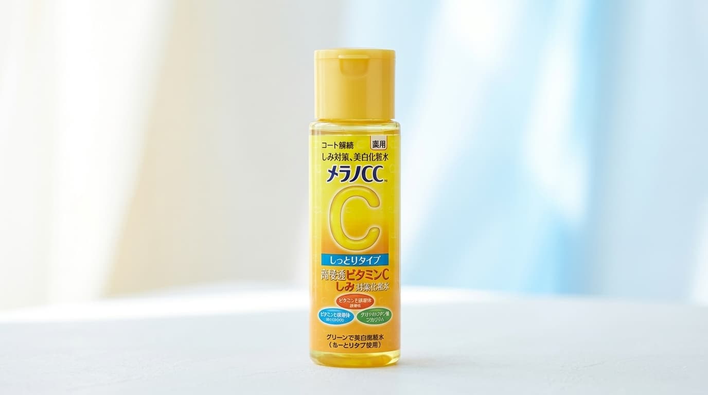 メラノCC薬用しみ対策美白化粧水のボトルを清潔感のある背景に置いたシンプルなアイキャッチ画像