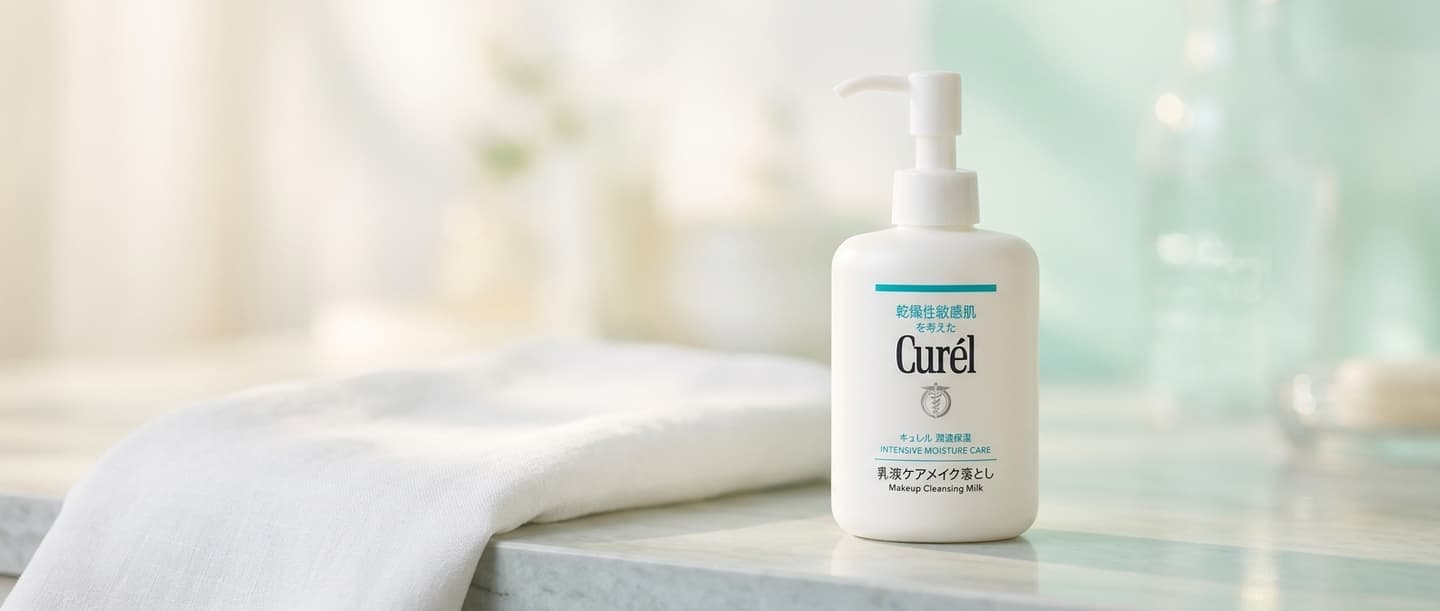 キュレル乳液ケアメイク落としの使用シーンを想起させる横長イメージ